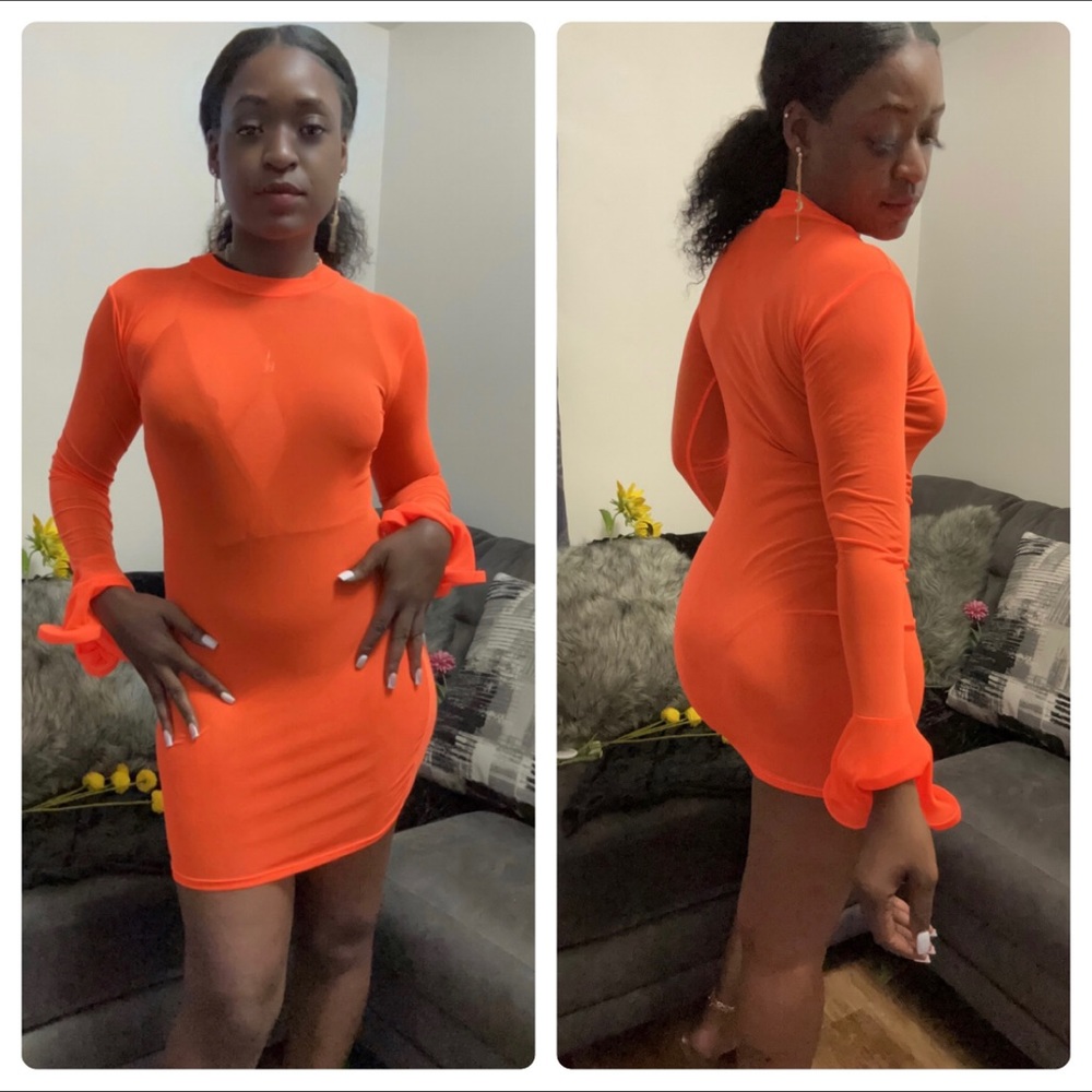 Bring orange structured sleeve sheer dress